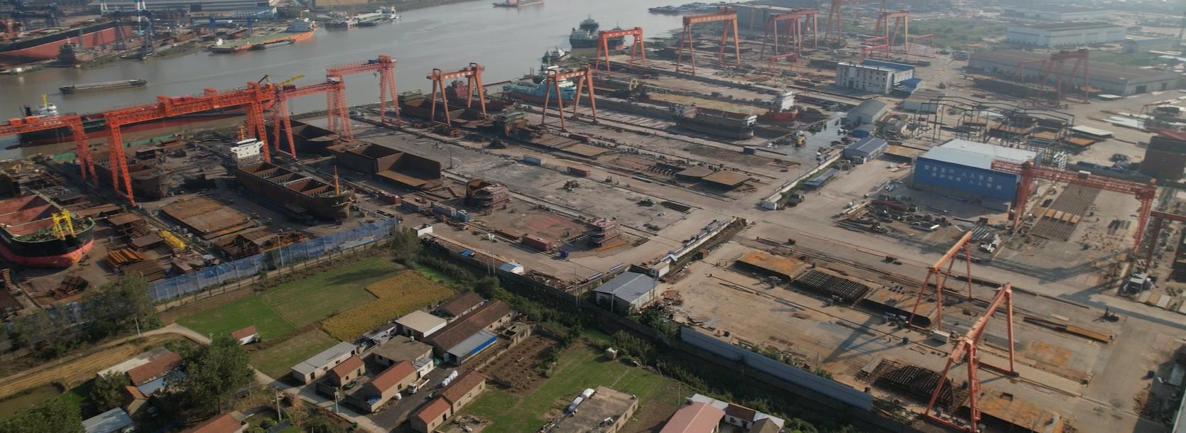 Aerial view of Haizhongzhou shipyard and vessel construction facilities